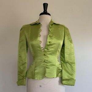 LIME GREEN SILK 90s DESIGNER PEPLUM BLAZER TOP